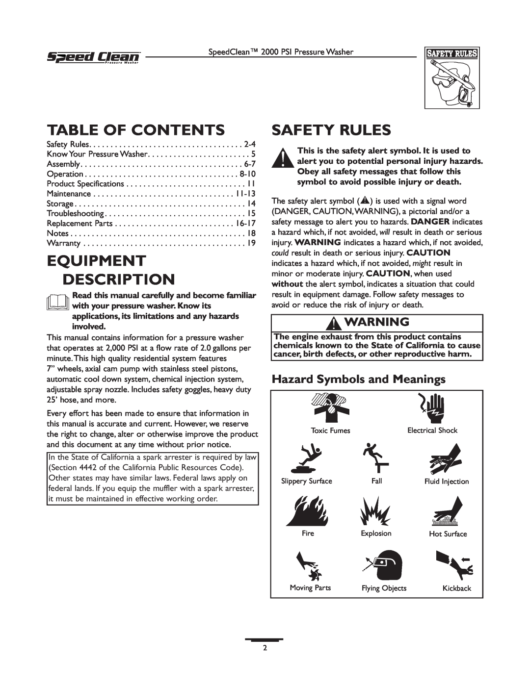 Briggs & Stratton 020211-0 owner manual Table Of Contents, Equipment Description, Safety Rules, Hazard Symbols and Meanings 