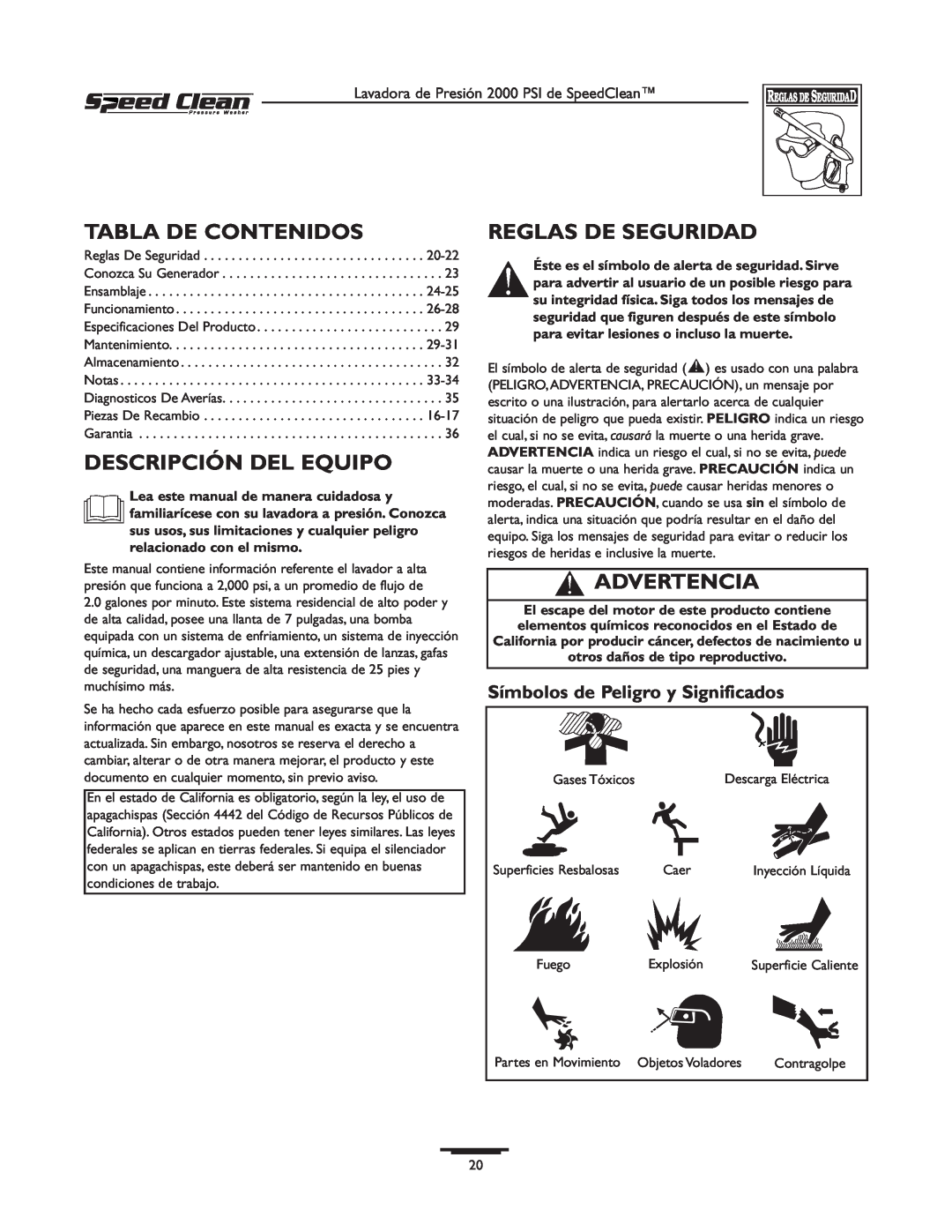 Briggs & Stratton 020211-0 owner manual Tabla De Contenidos, Descripción Del Equipo, Reglas De Seguridad, Advertencia 
