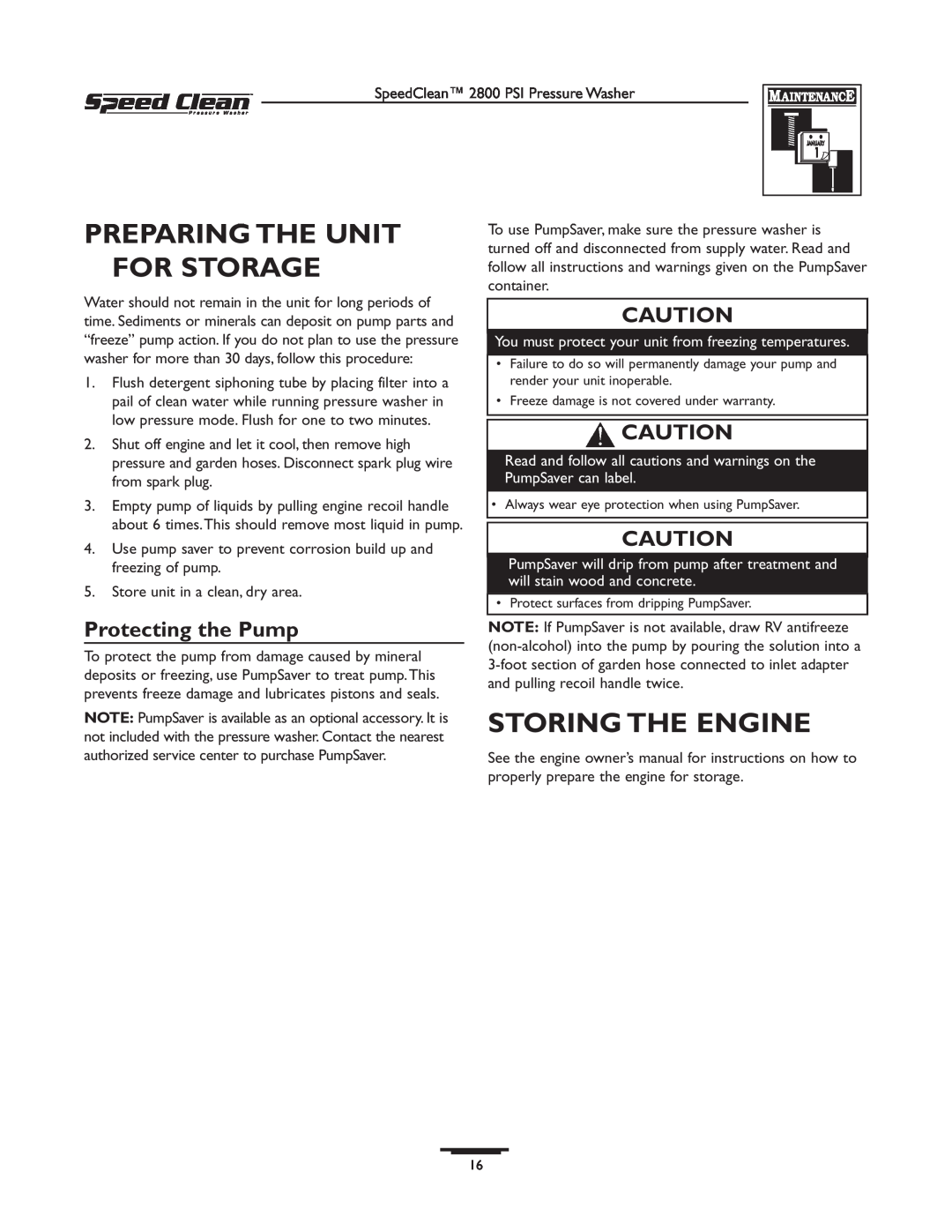 Briggs & Stratton 020212-0 owner manual Preparing The Unit For Storage, Storing The Engine, Protecting the Pump 