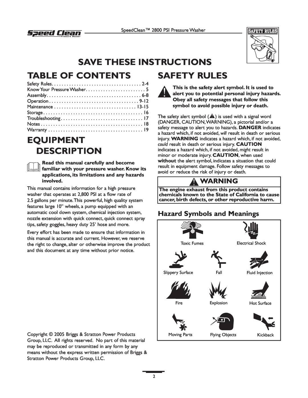 Briggs & Stratton 020212-0 owner manual Save These Instructions, Table Of Contents, Equipment Description, Safety Rules 