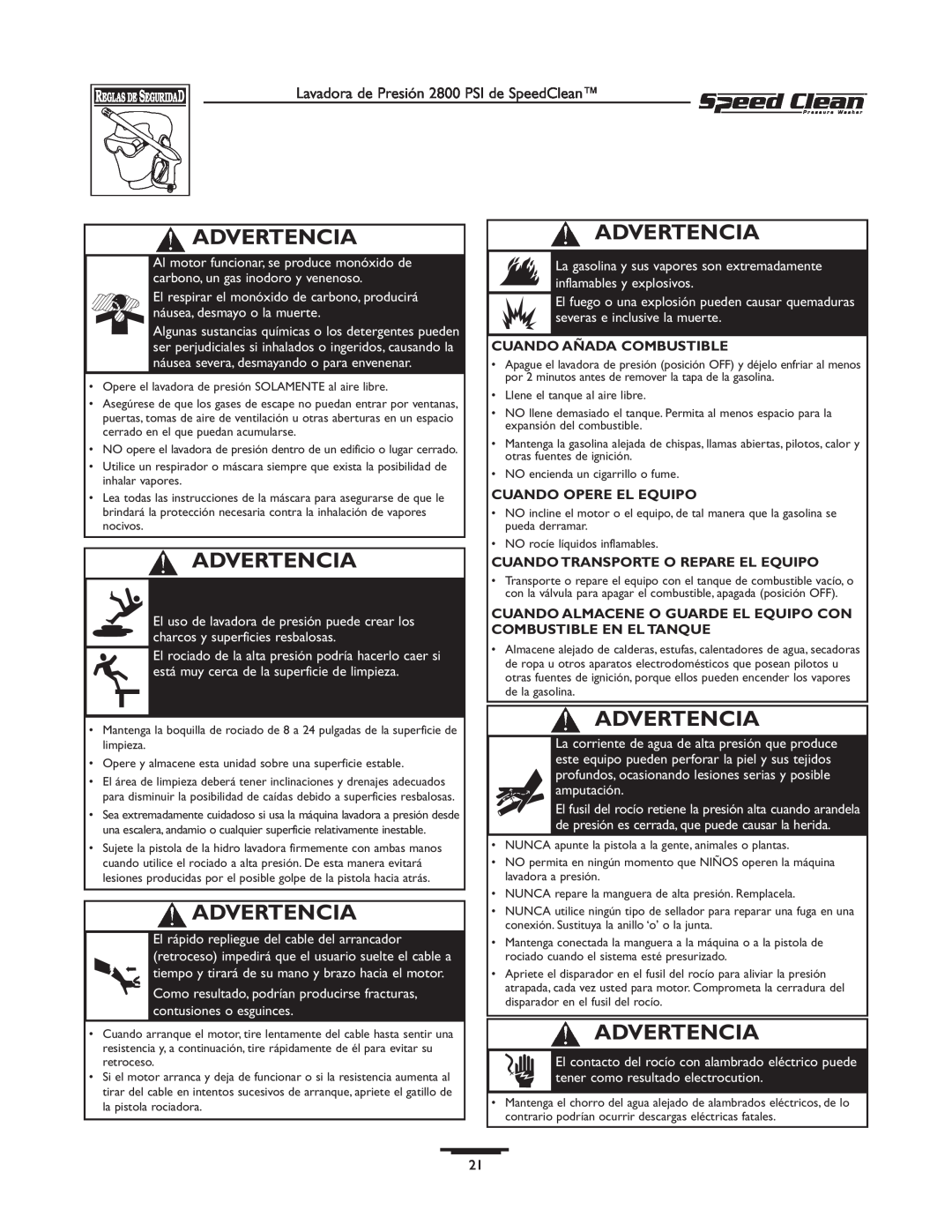 Briggs & Stratton 020212-0 owner manual Advertencia, Cuando Añada Combustible, Cuando Opere El Equipo 