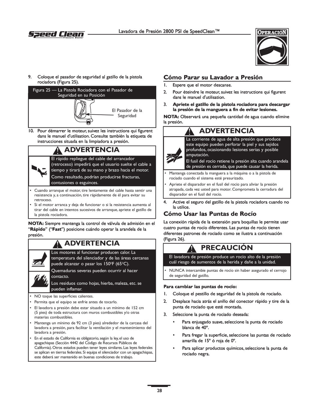 Briggs & Stratton 020212-0 Cómo Parar su Lavador a Presión, Cómo Usar las Puntas de Rocío, Advertencia, Precaución 