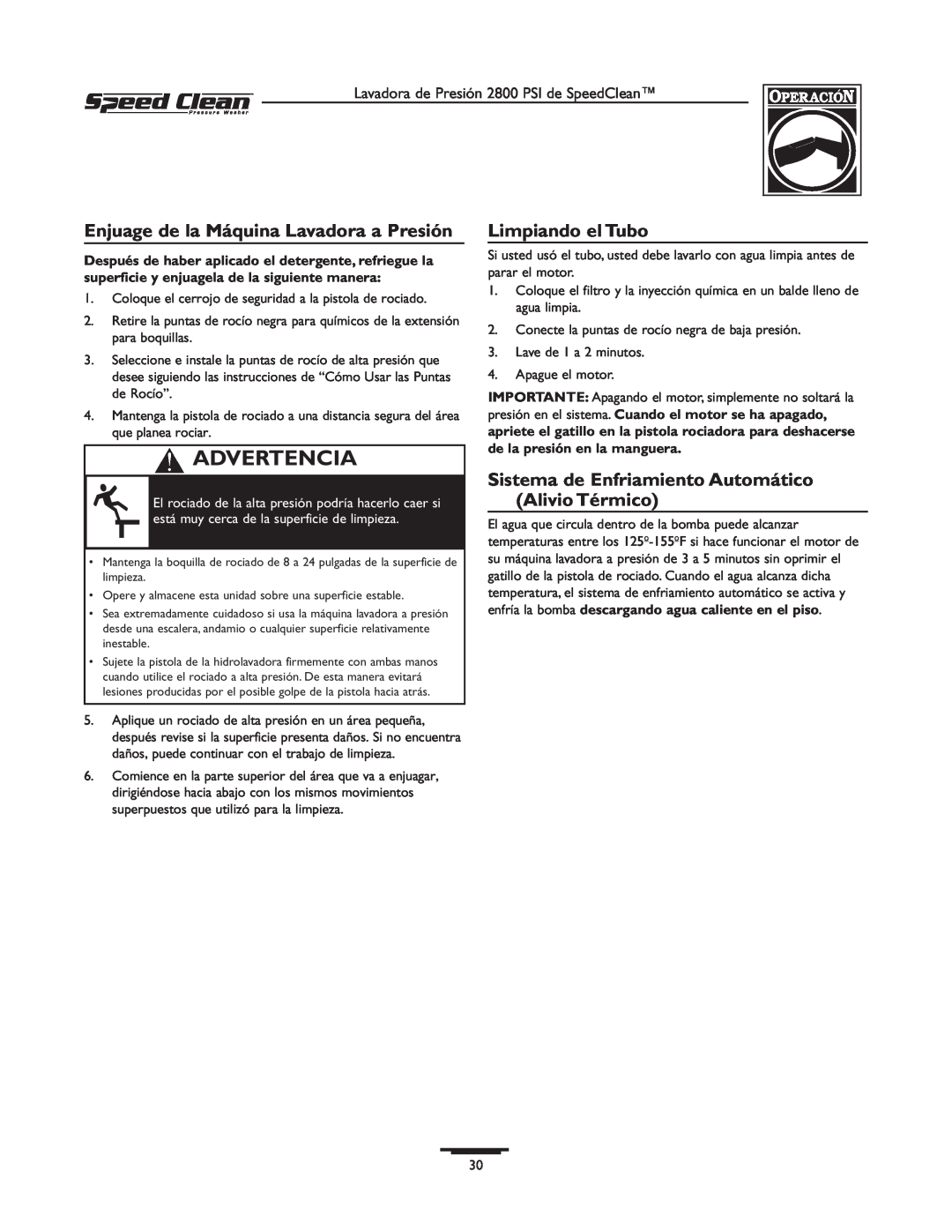 Briggs & Stratton 020212-0 owner manual Enjuage de la Máquina Lavadora a Presión, Limpiando el Tubo, Advertencia 