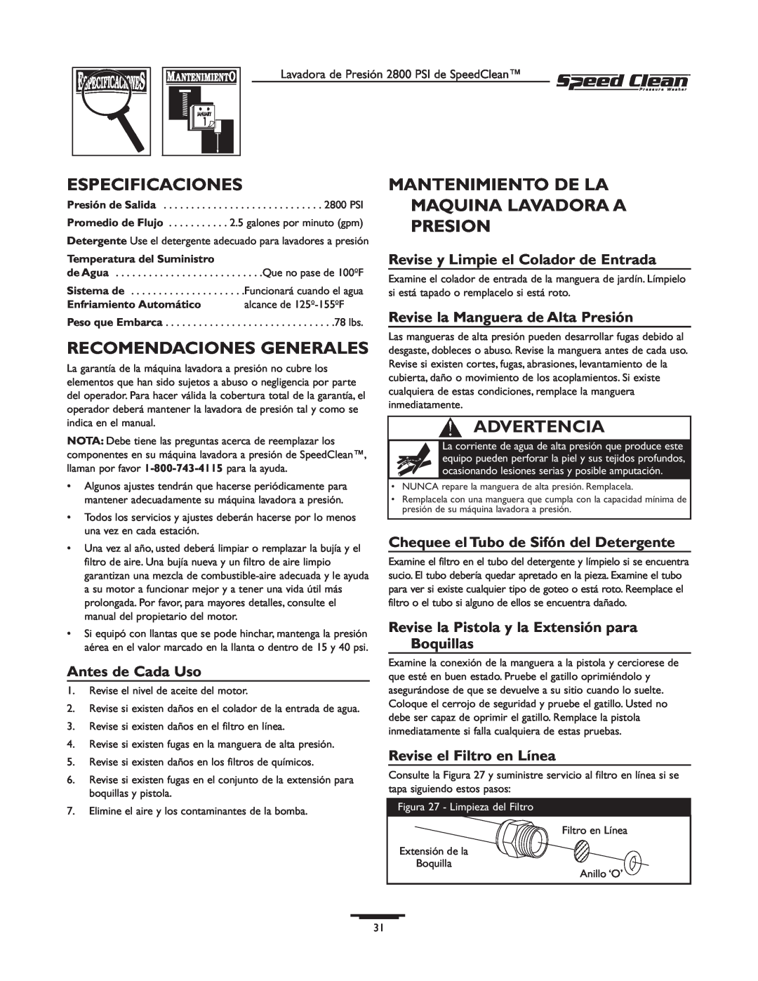 Briggs & Stratton 020212-0 Especificaciones, Recomendaciones Generales, Mantenimiento De La Maquina Lavadora A Presion 