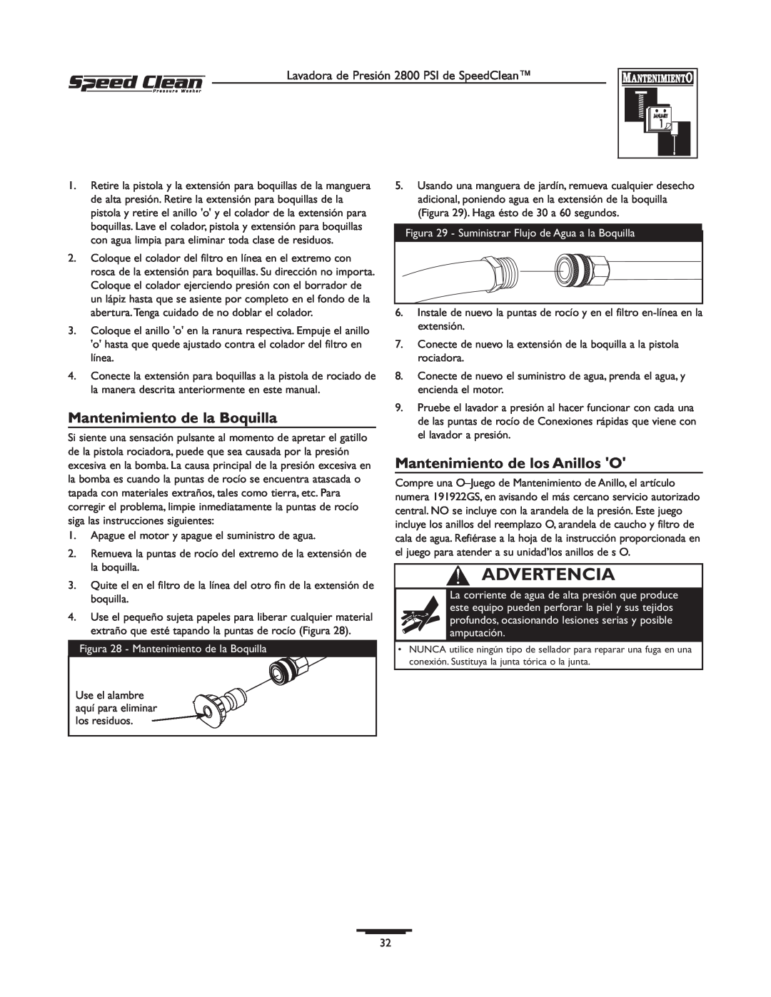 Briggs & Stratton 020212-0 owner manual Mantenimiento de la Boquilla, Mantenimiento de los Anillos O, Advertencia 