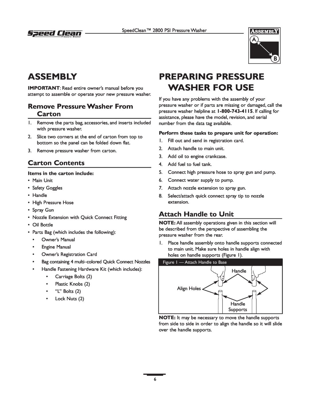 Briggs & Stratton 020212-0 owner manual Assembly, Preparing Pressure Washer For Use, Remove Pressure Washer From Carton 