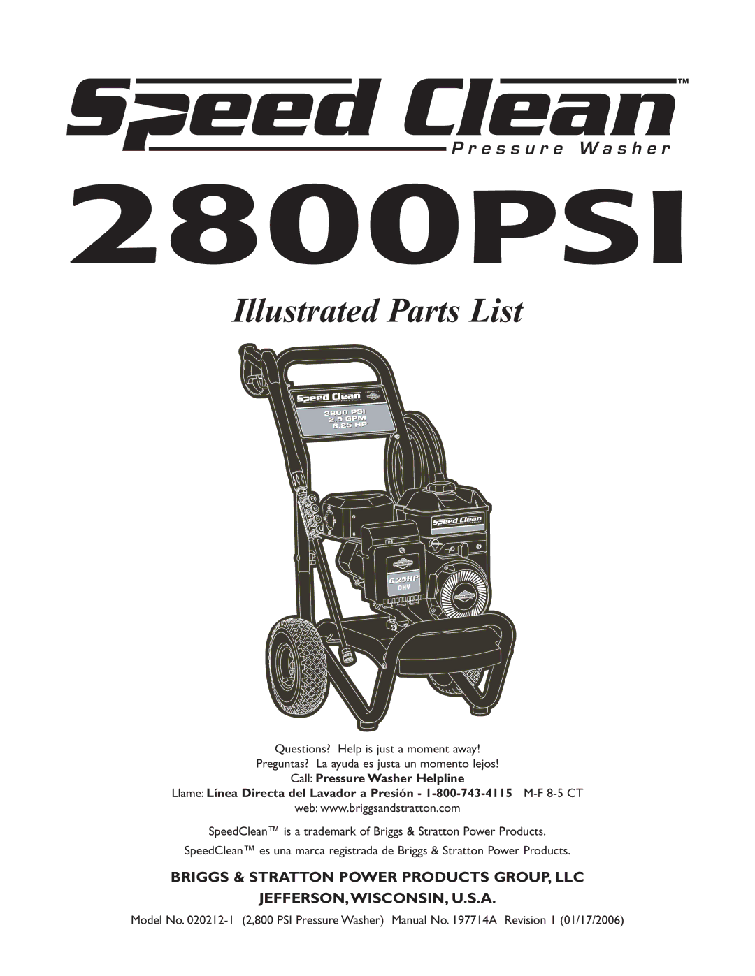 Briggs & Stratton 020212-1 manual 2800PSI, Illustrated Parts List 