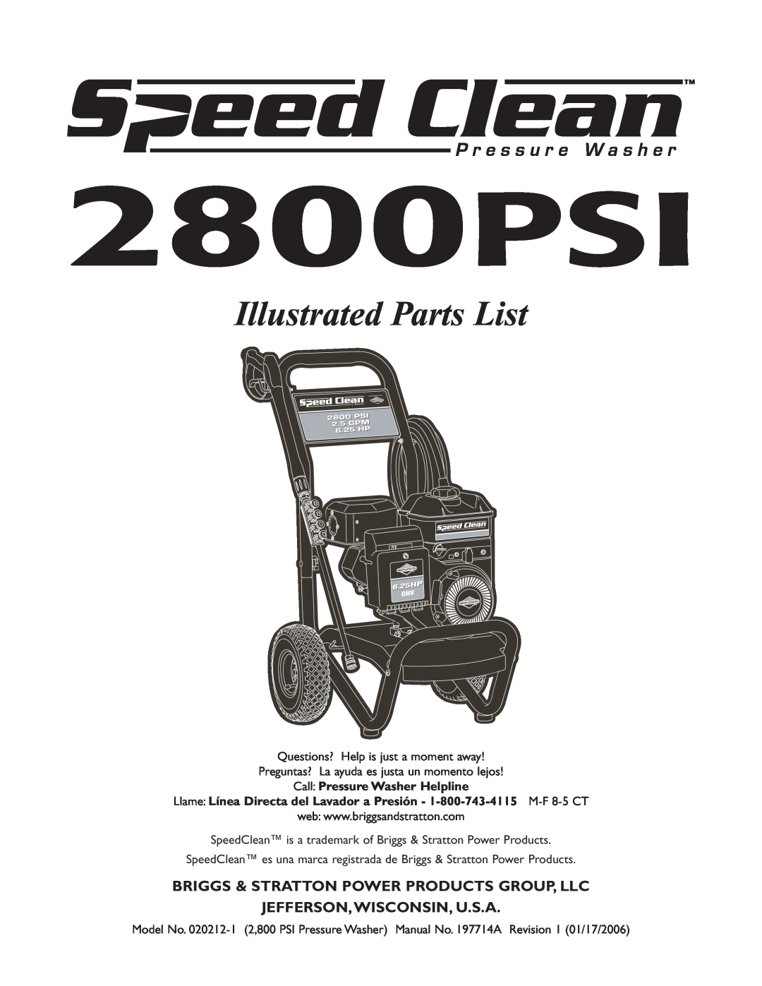 Briggs & Stratton 020212-1 manual 2800PSI, Illustrated Parts List, Briggs & Stratton Power Products Group, Llc 
