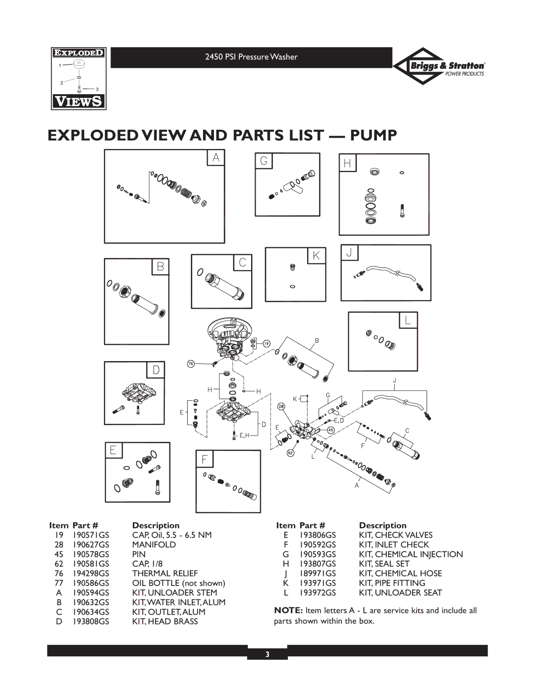 Briggs & Stratton 020215 manual Exploded View and Parts List Pump 