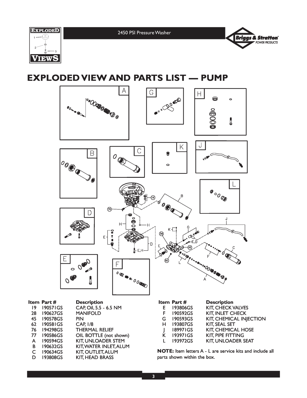 Briggs & Stratton 020215 manual Exploded View And Parts List - Pump, PSI Pressure Washer 