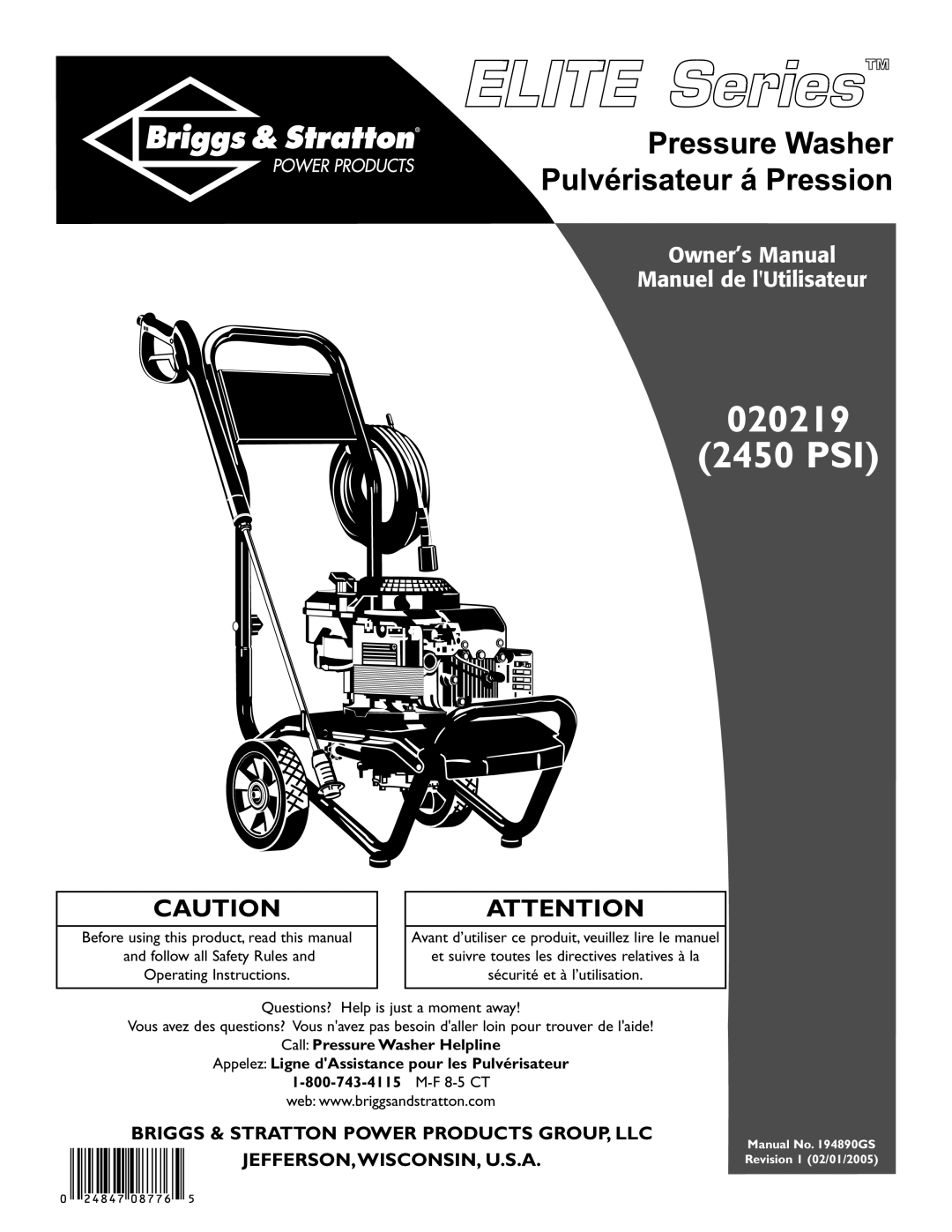 Briggs & Stratton owner manual 020219 2450 PSI 