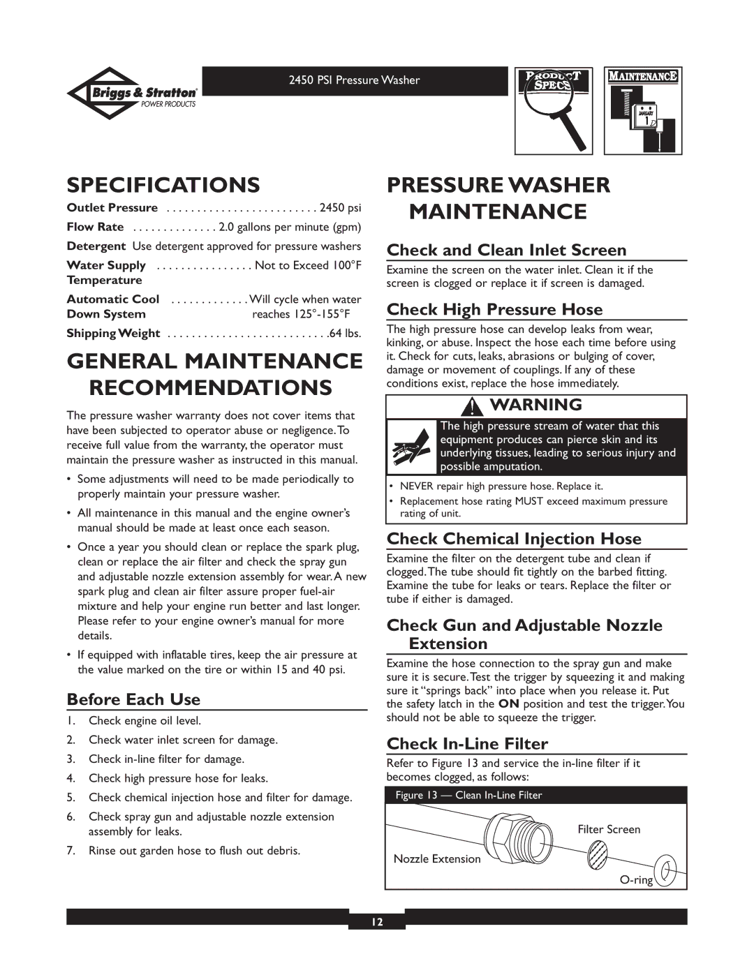 Briggs & Stratton 020219 owner manual Specifications, General Maintenance Recommendations, Pressure Washer Maintenance 