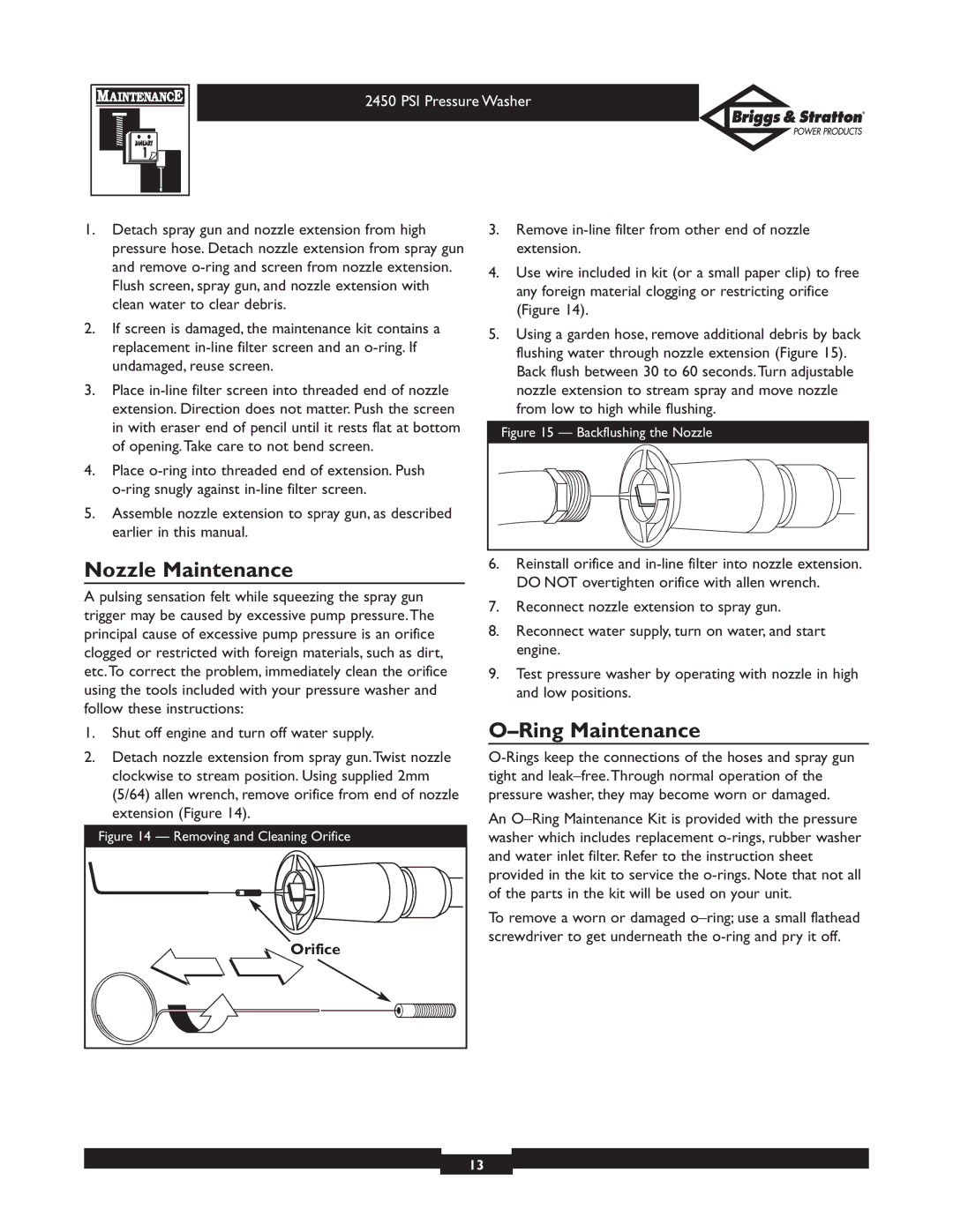 Briggs & Stratton 020219 owner manual Nozzle Maintenance, Ring Maintenance, Orifice 