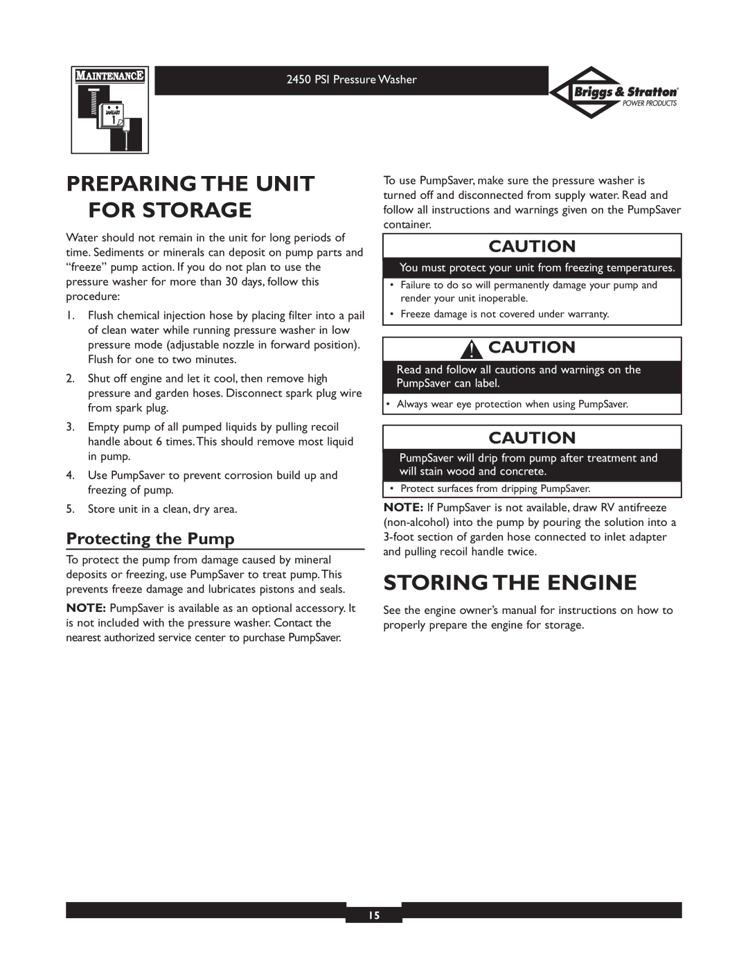 Briggs & Stratton 020219 owner manual Preparing the Unit for Storage, Storing the Engine, Protecting the Pump 