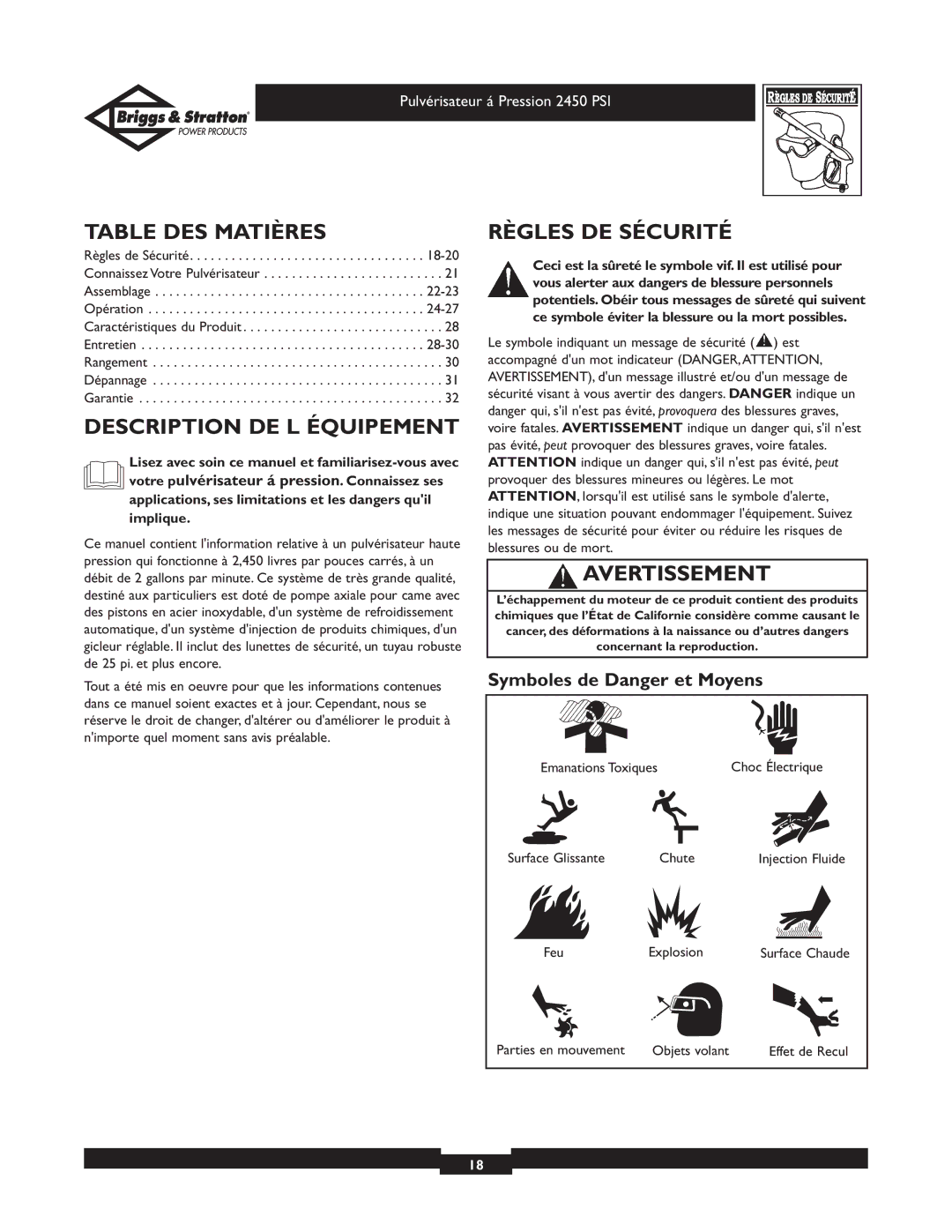 Briggs & Stratton 020219 owner manual Table DES Matières, Description DE L Équipement, Règles DE Sécurité, Avertissement 