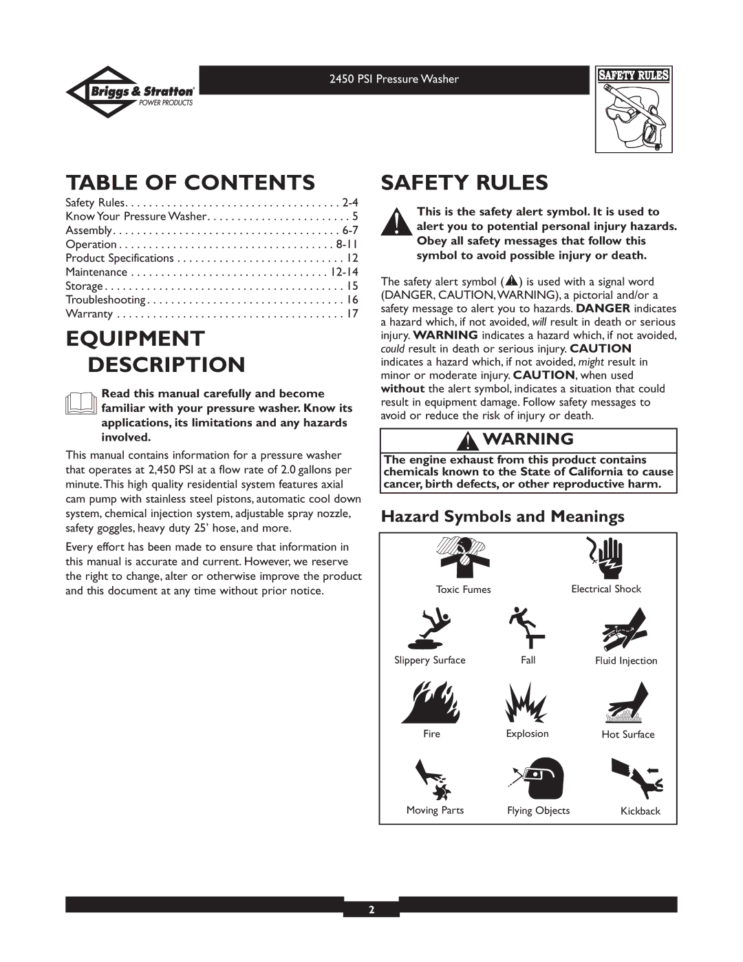 Briggs & Stratton 020219 owner manual Table of Contents, Equipment Description, Safety Rules 