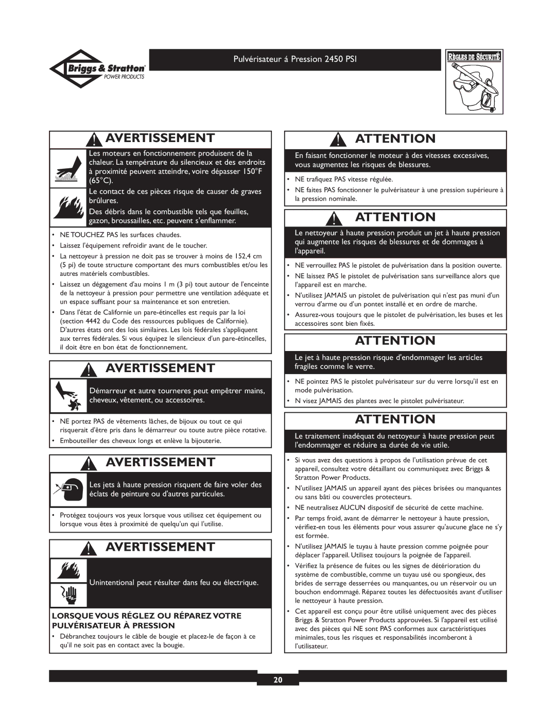 Briggs & Stratton 020219 owner manual Unintentional peut résulter dans feu ou électrique 