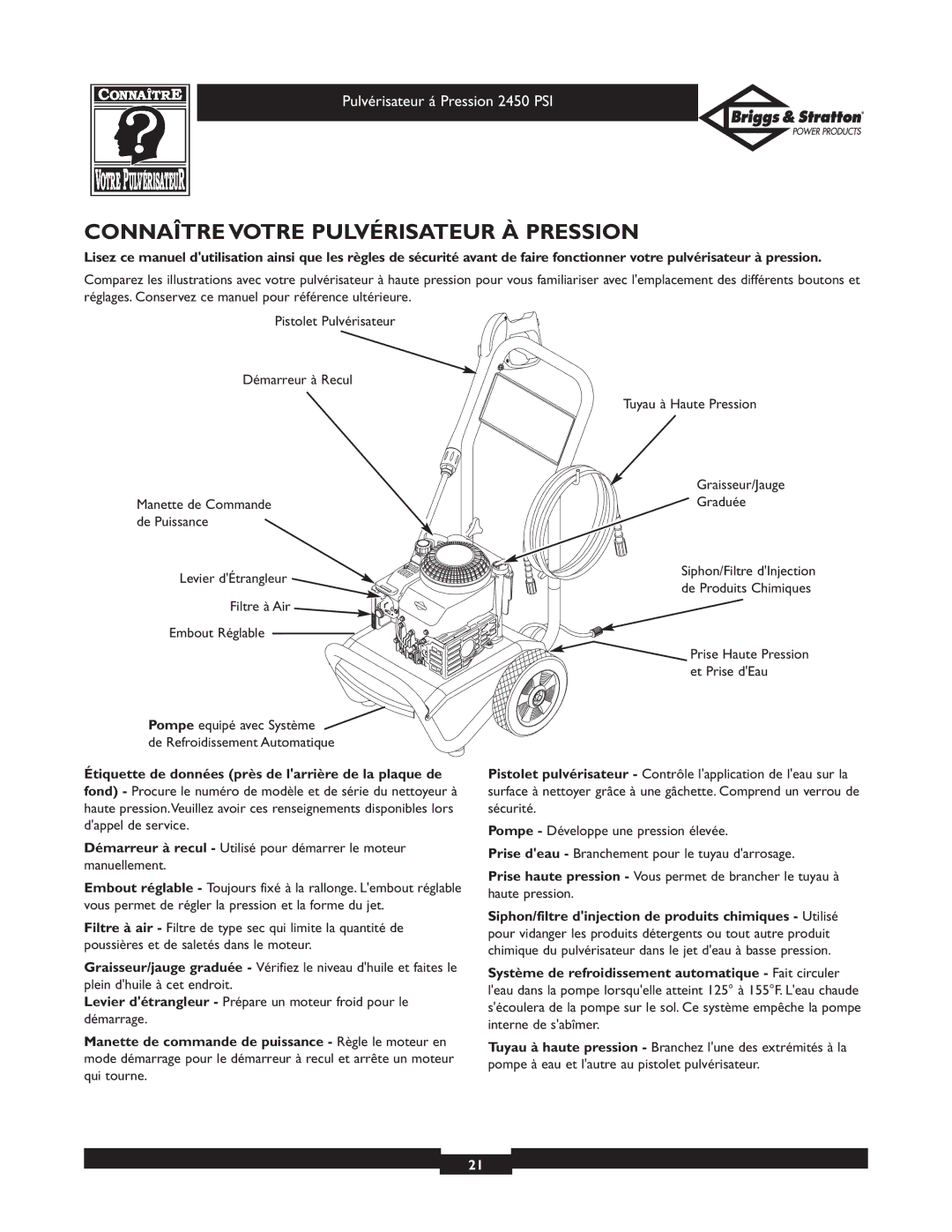 Briggs & Stratton 020219 owner manual Connaître Votre Pulvérisateur À Pression, Filtre à Air Embout Réglable 