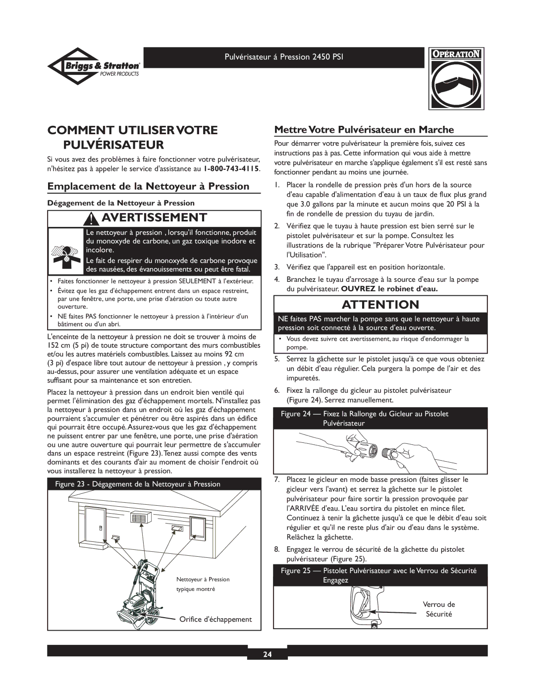 Briggs & Stratton 020219 Comment Utiliser Votre Pulvérisateur, Emplacement de la Nettoyeur à Pression, Verrou de Sécurité 