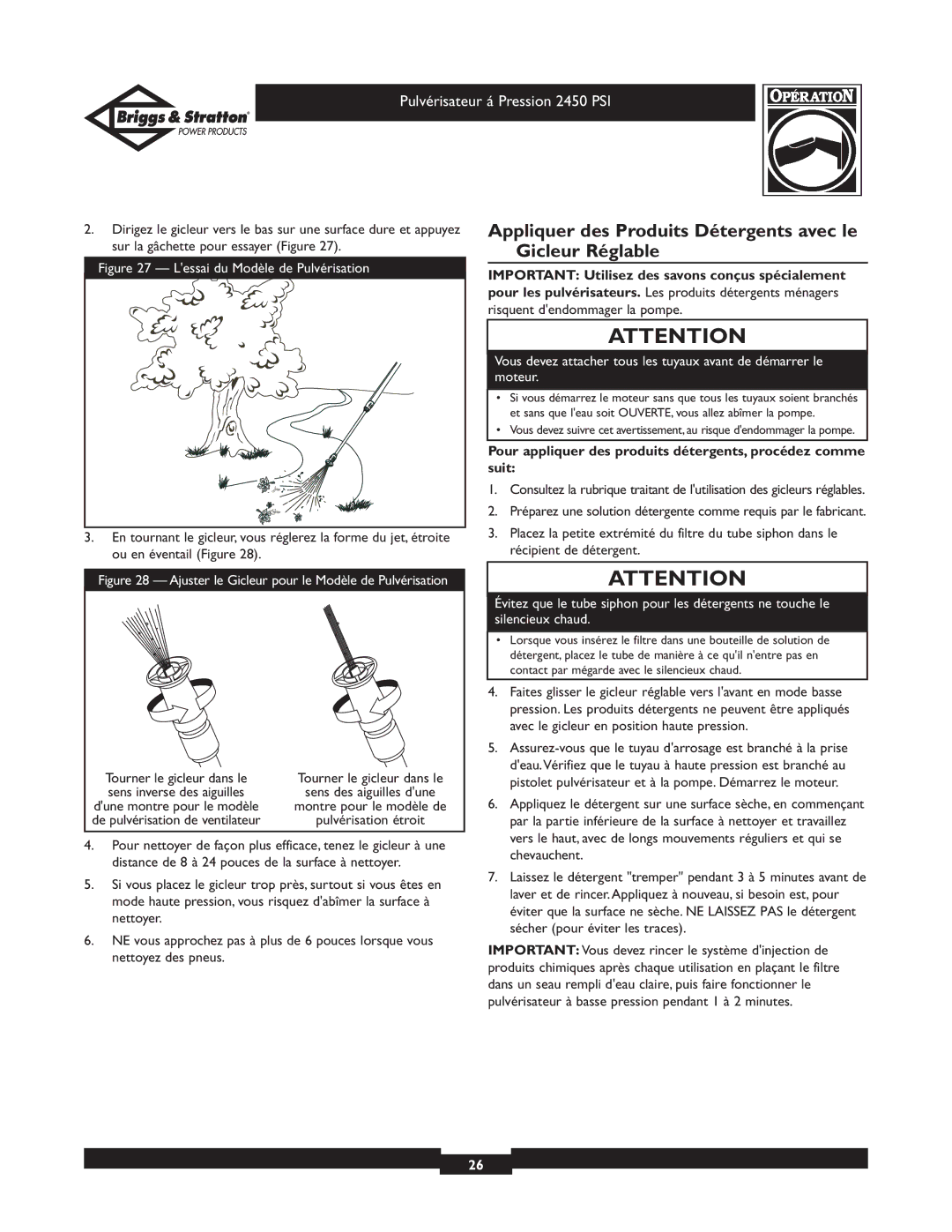 Briggs & Stratton 020219 owner manual Appliquer des Produits Détergents avec le Gicleur Réglable 