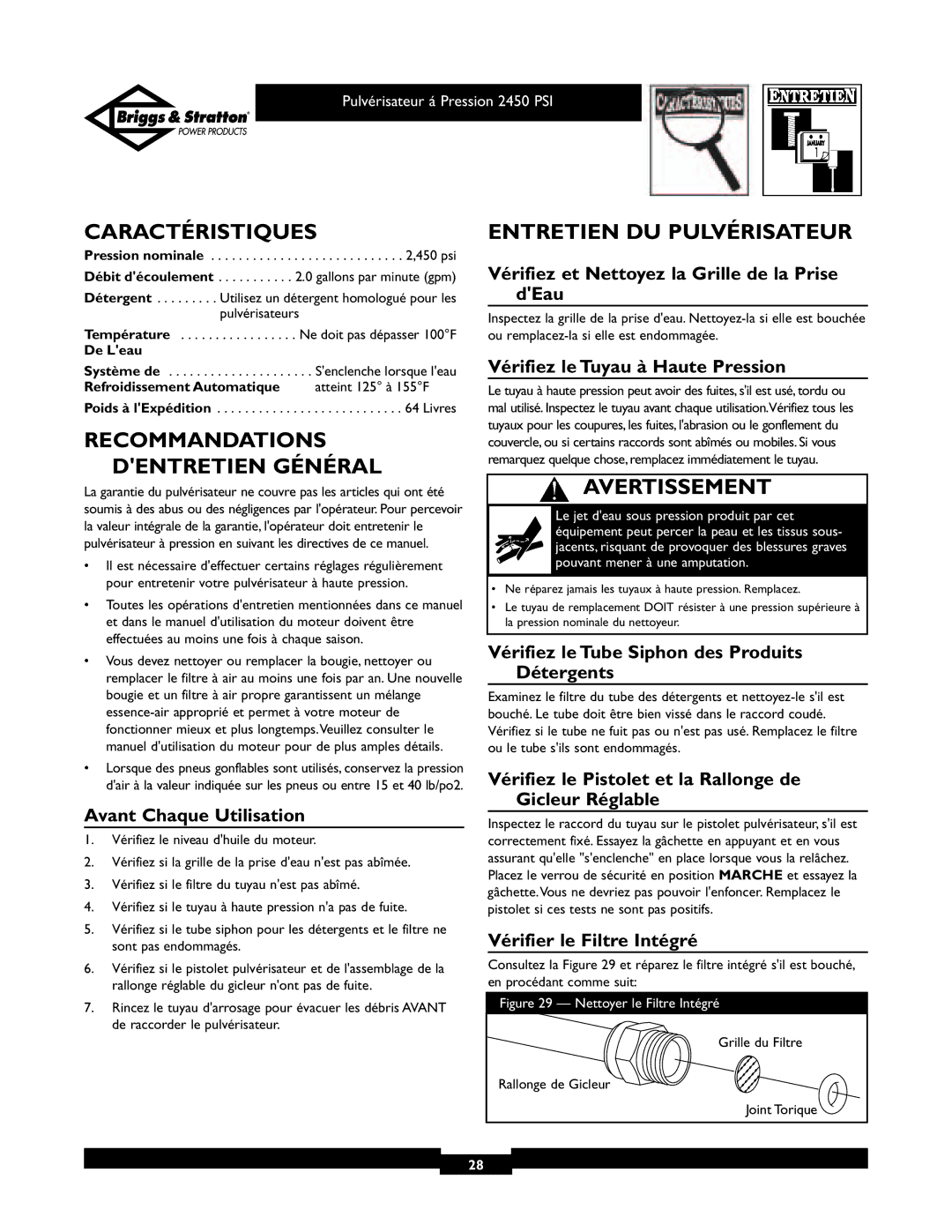 Briggs & Stratton 020219 owner manual Caractéristiques, Entretien DU Pulvérisateur, Recommandations Dentretien Général 