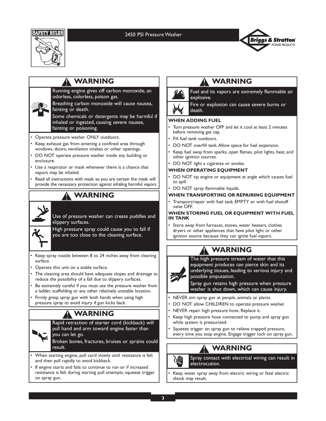 Briggs & Stratton 020219 owner manual Operate pressure washer only outdoors, When Adding Fuel 