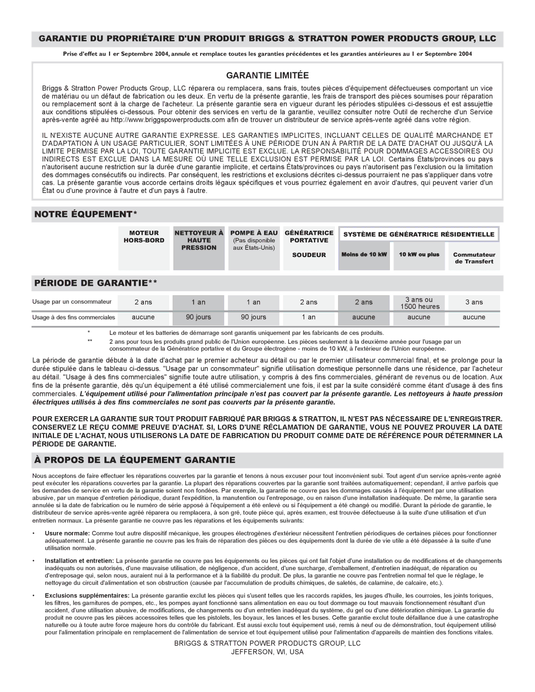 Briggs & Stratton 020219 owner manual Garantie Limitée 