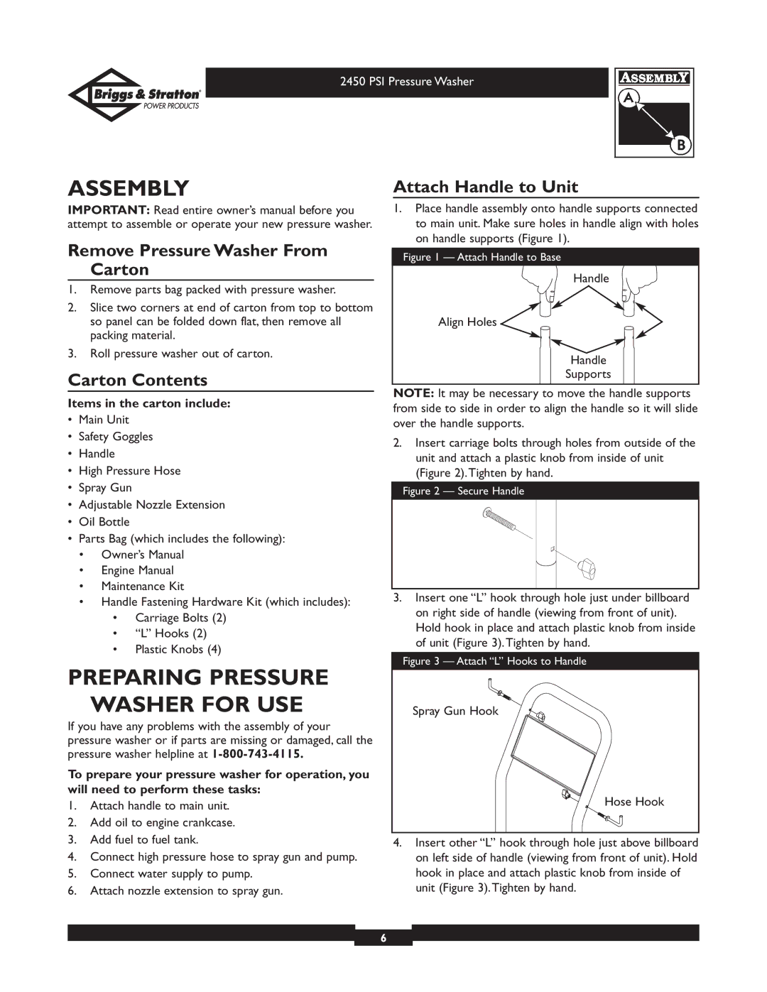 Briggs & Stratton 020219 Assembly, Preparing Pressure Washer for USE, Remove Pressure Washer From Carton, Carton Contents 