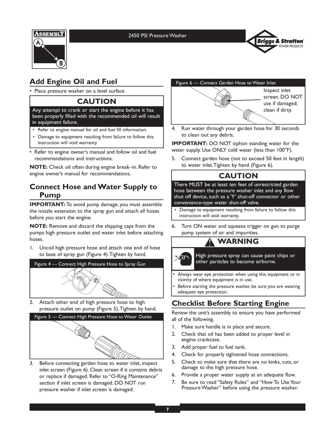 Briggs & Stratton 020219 Add Engine Oil and Fuel, Connect Hose and Water Supply to Pump, Checklist Before Starting Engine 