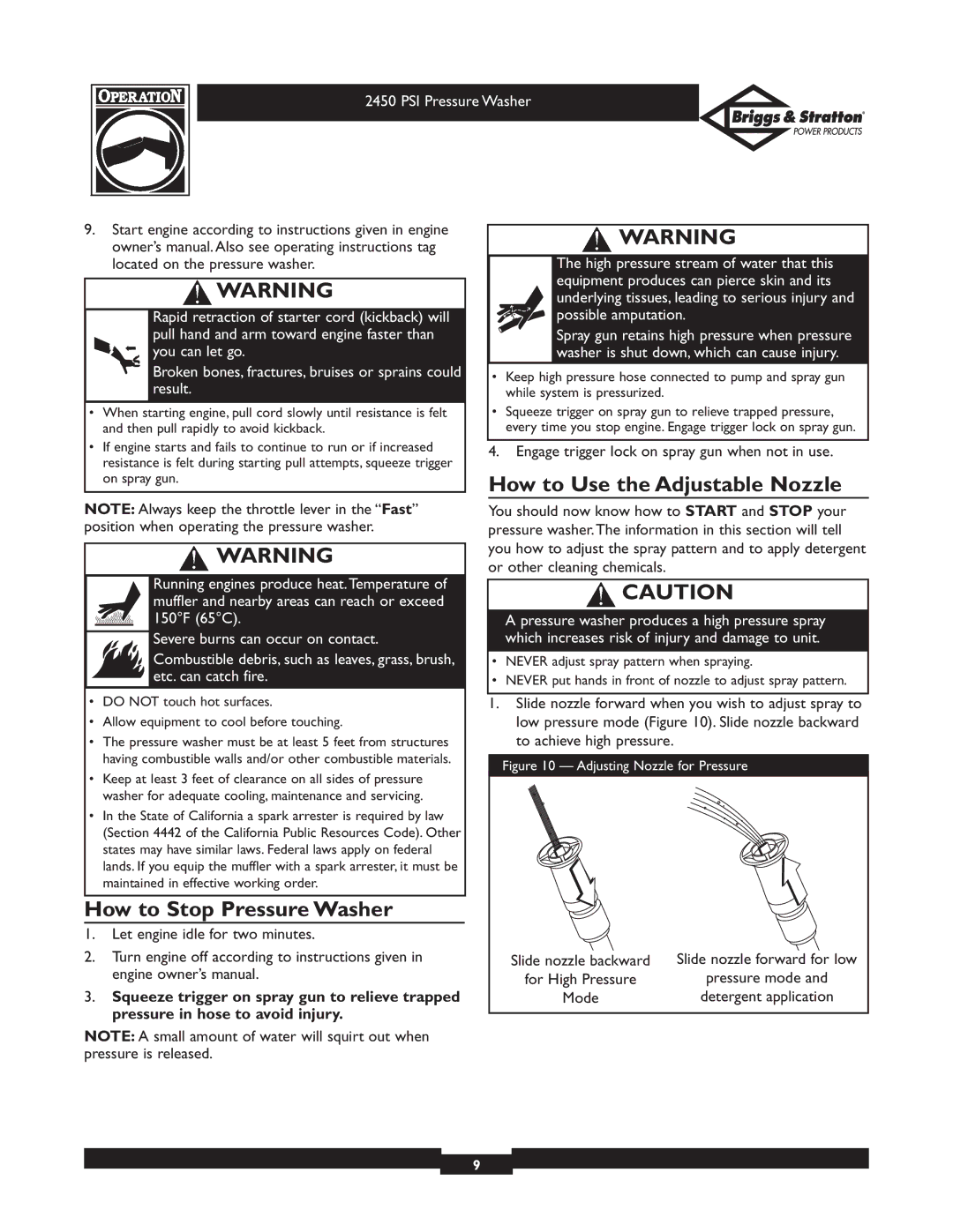 Briggs & Stratton 020219 owner manual How to Stop Pressure Washer, How to Use the Adjustable Nozzle, Mode 