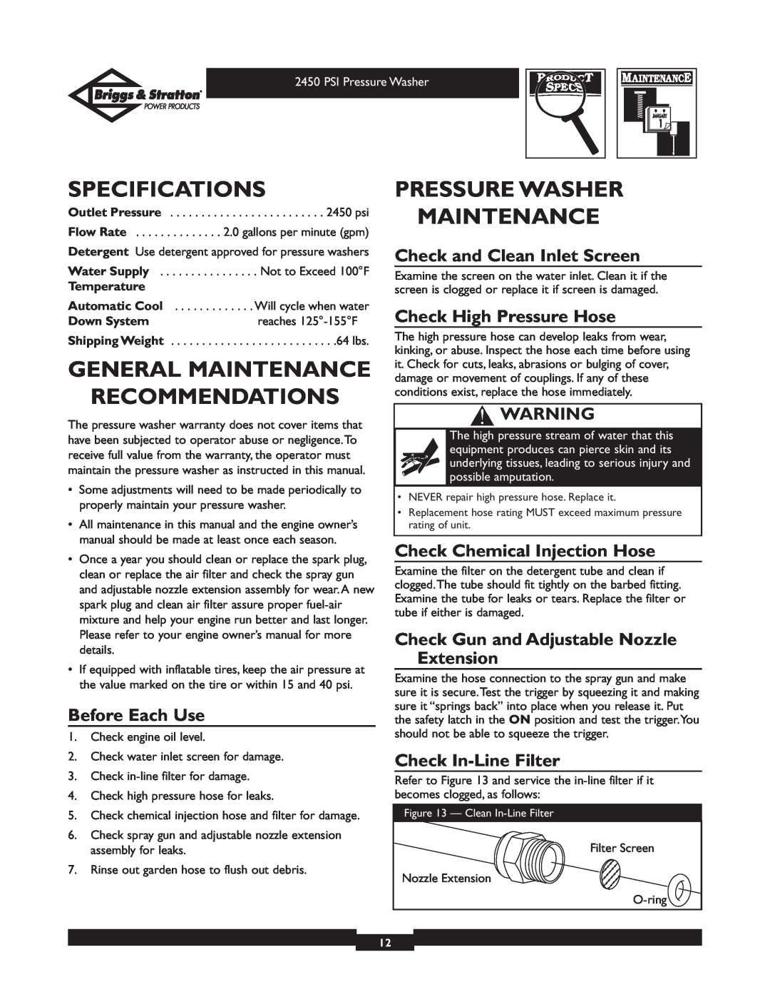 Briggs & Stratton 020219 Specifications, General Maintenance Recommendations, Pressure Washer Maintenance, Before Each Use 