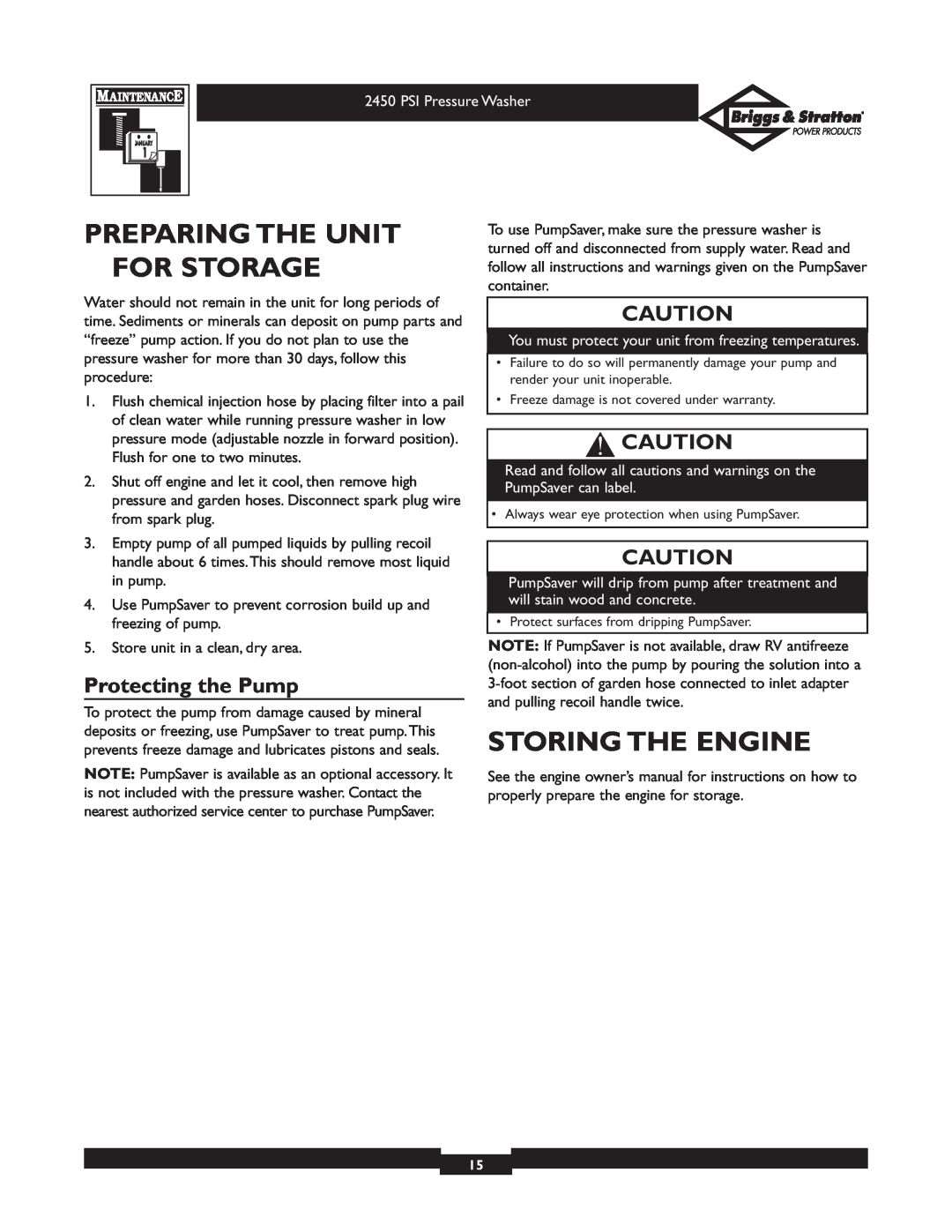 Briggs & Stratton 020219 owner manual Preparing The Unit For Storage, Storing The Engine, Protecting the Pump 