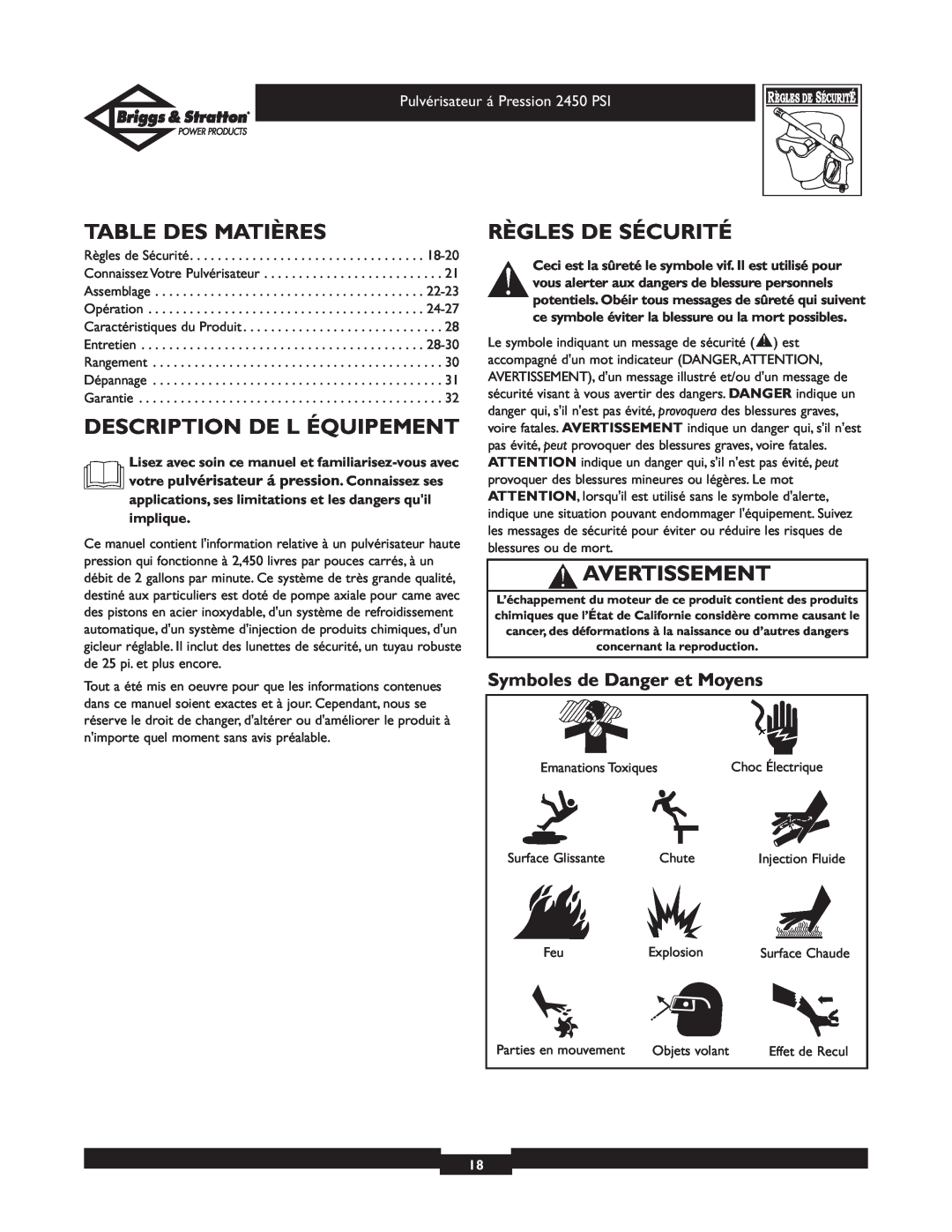 Briggs & Stratton 020219 owner manual Table Des Matières, Description De L Équipement, Règles De Sécurité, Avertissement 