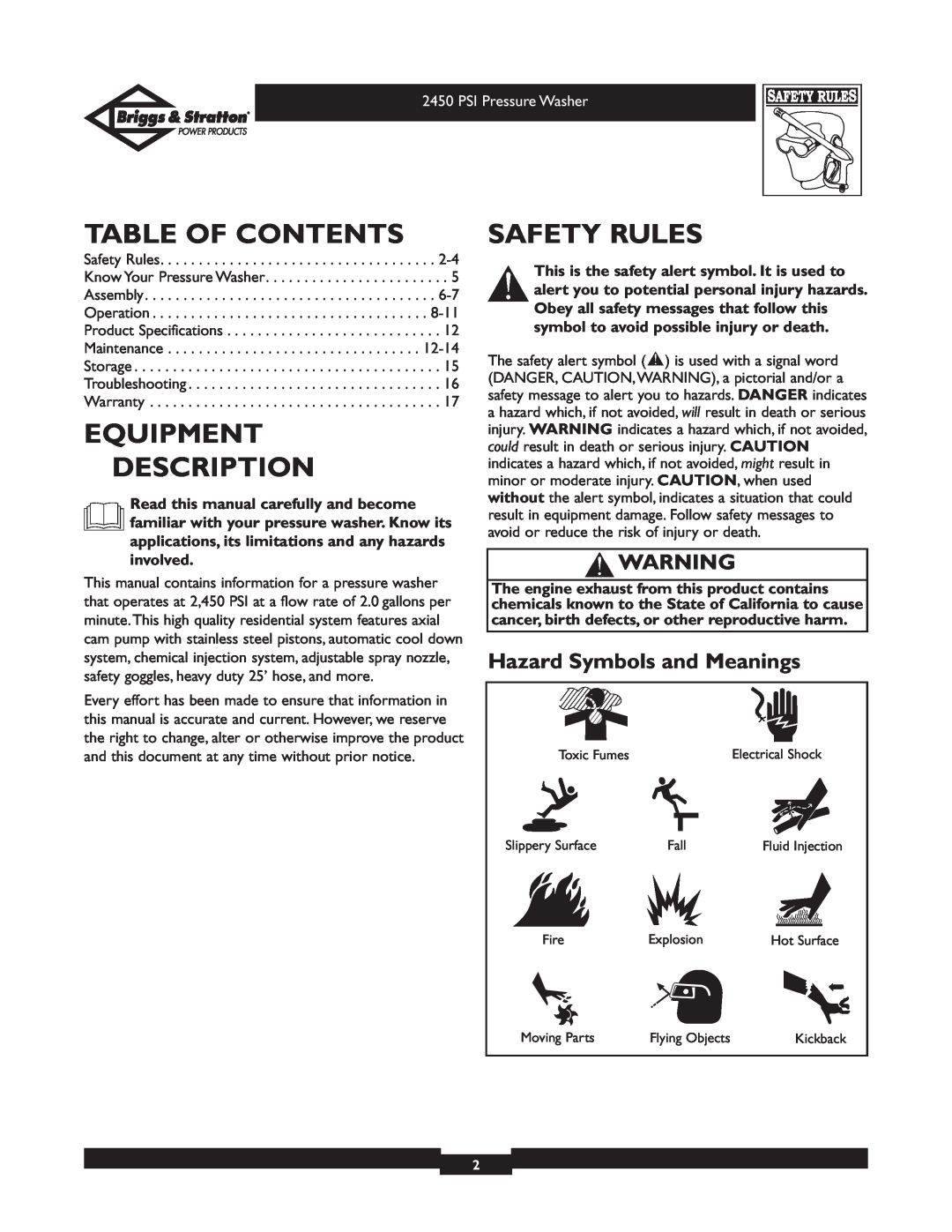 Briggs & Stratton 020219 owner manual Table Of Contents, Equipment Description, Safety Rules, Hazard Symbols and Meanings 