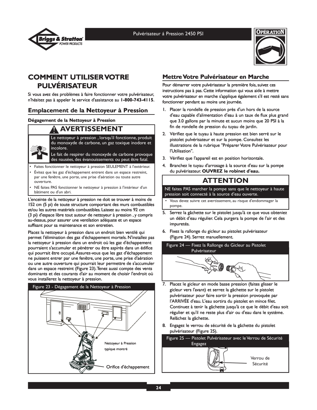 Briggs & Stratton 020219 Comment Utiliser Votre Pulvérisateur, Emplacement de la Nettoyeur à Pression, Avertissement 