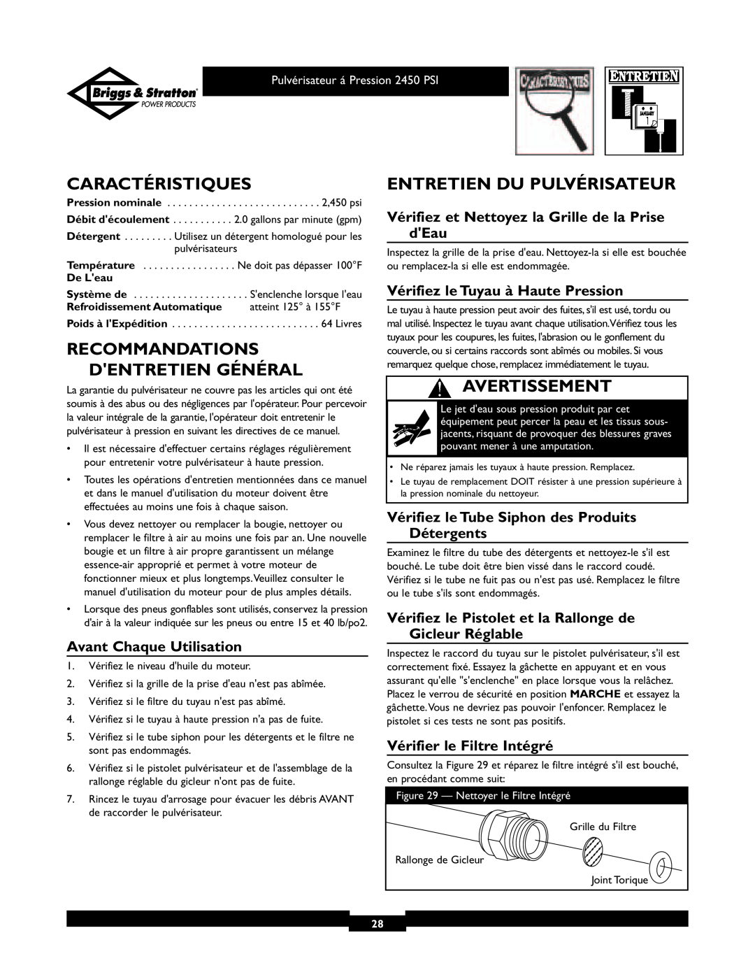 Briggs & Stratton 020219 Caractéristiques, Entretien Du Pulvérisateur, Recommandations Dentretien Général, Avertissement 
