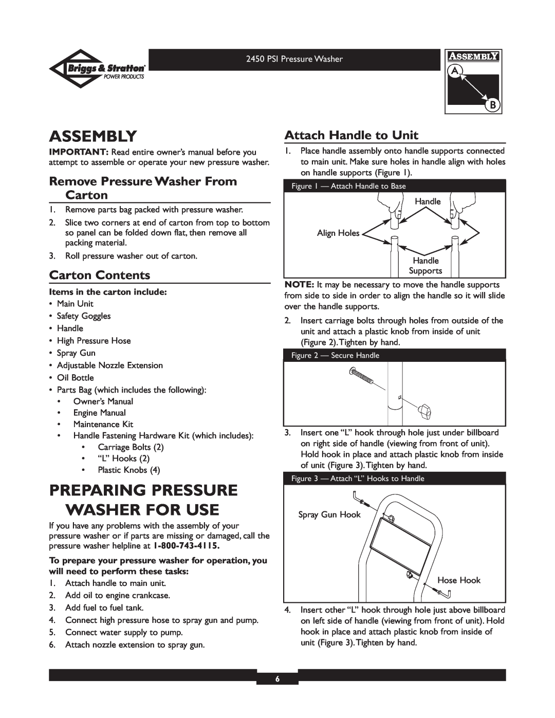 Briggs & Stratton 020219 Assembly, Preparing Pressure Washer For Use, Remove Pressure Washer From Carton, Carton Contents 