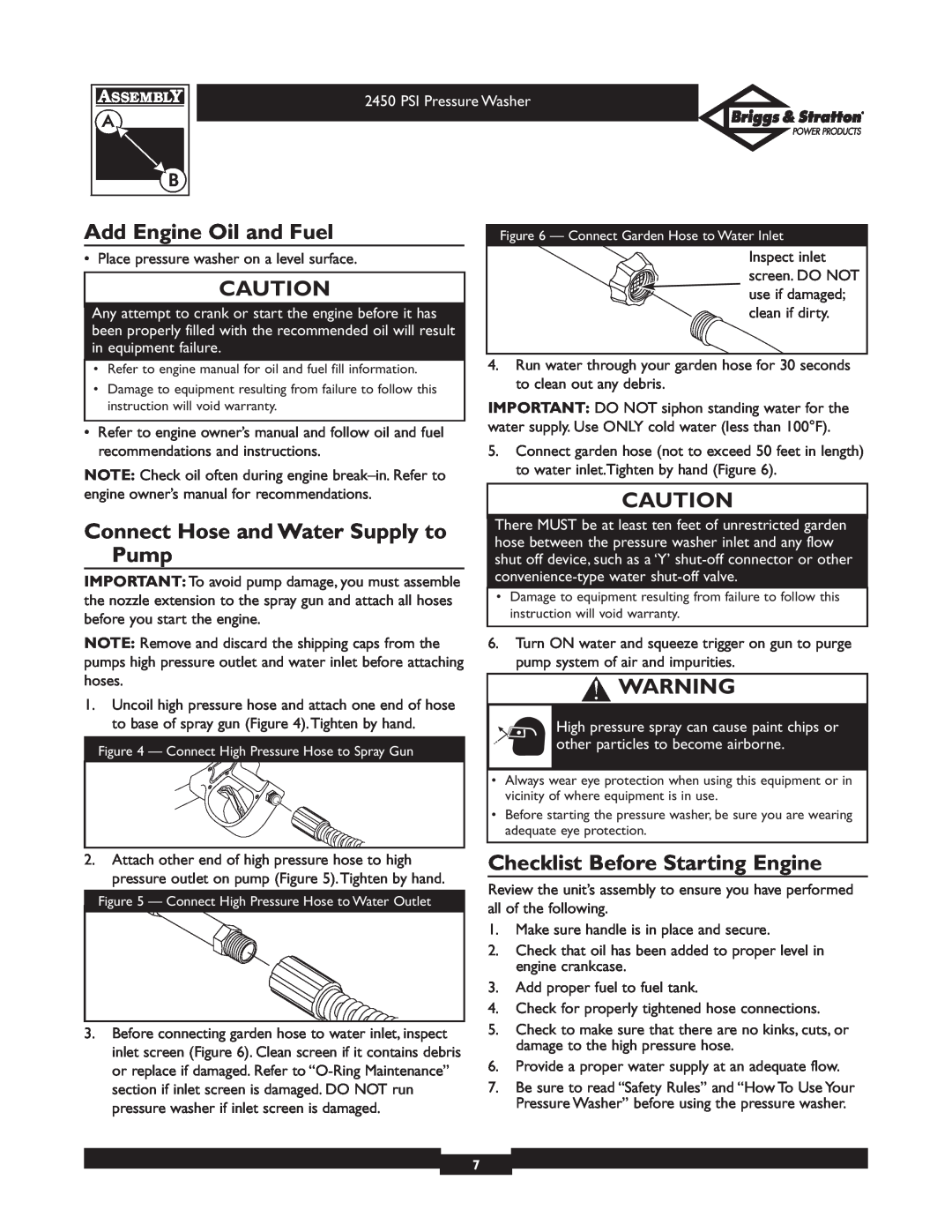 Briggs & Stratton 020219 Add Engine Oil and Fuel, Connect Hose and Water Supply to Pump, Checklist Before Starting Engine 