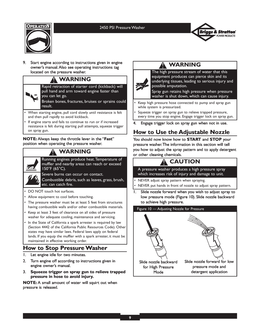 Briggs & Stratton 020219 owner manual How to Stop Pressure Washer, How to Use the Adjustable Nozzle 