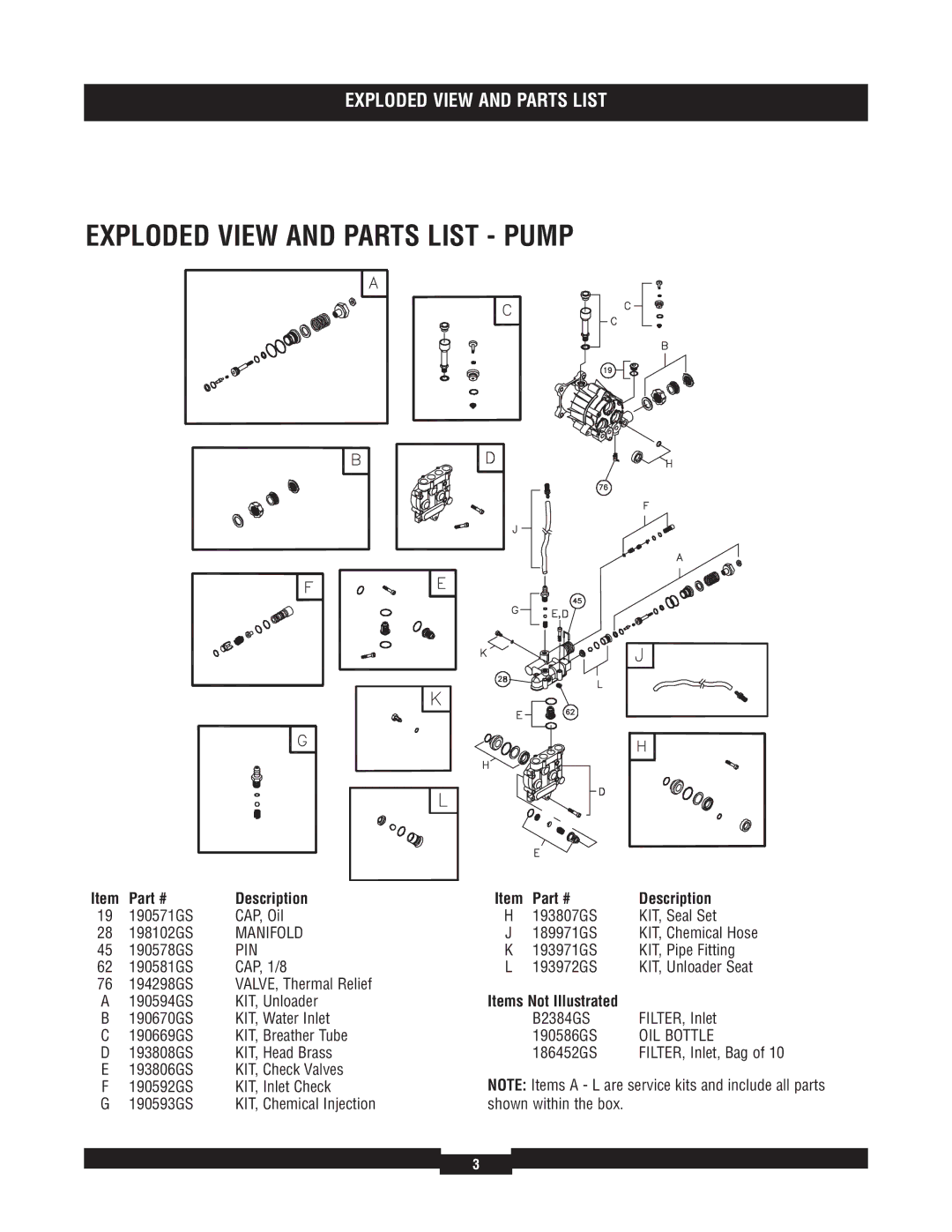 Briggs & Stratton 020224-1 manual Exploded View and Parts List Pump, Manifold, Pin, Items Not Illustrated, OIL Bottle 