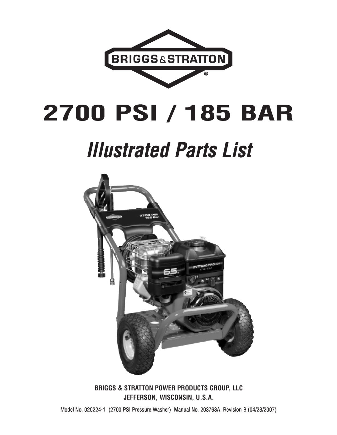 Briggs & Stratton 020224-1 manual PSI / 185 BAR, Illustrated Parts List, Briggs & Stratton Power Products Group, Llc 