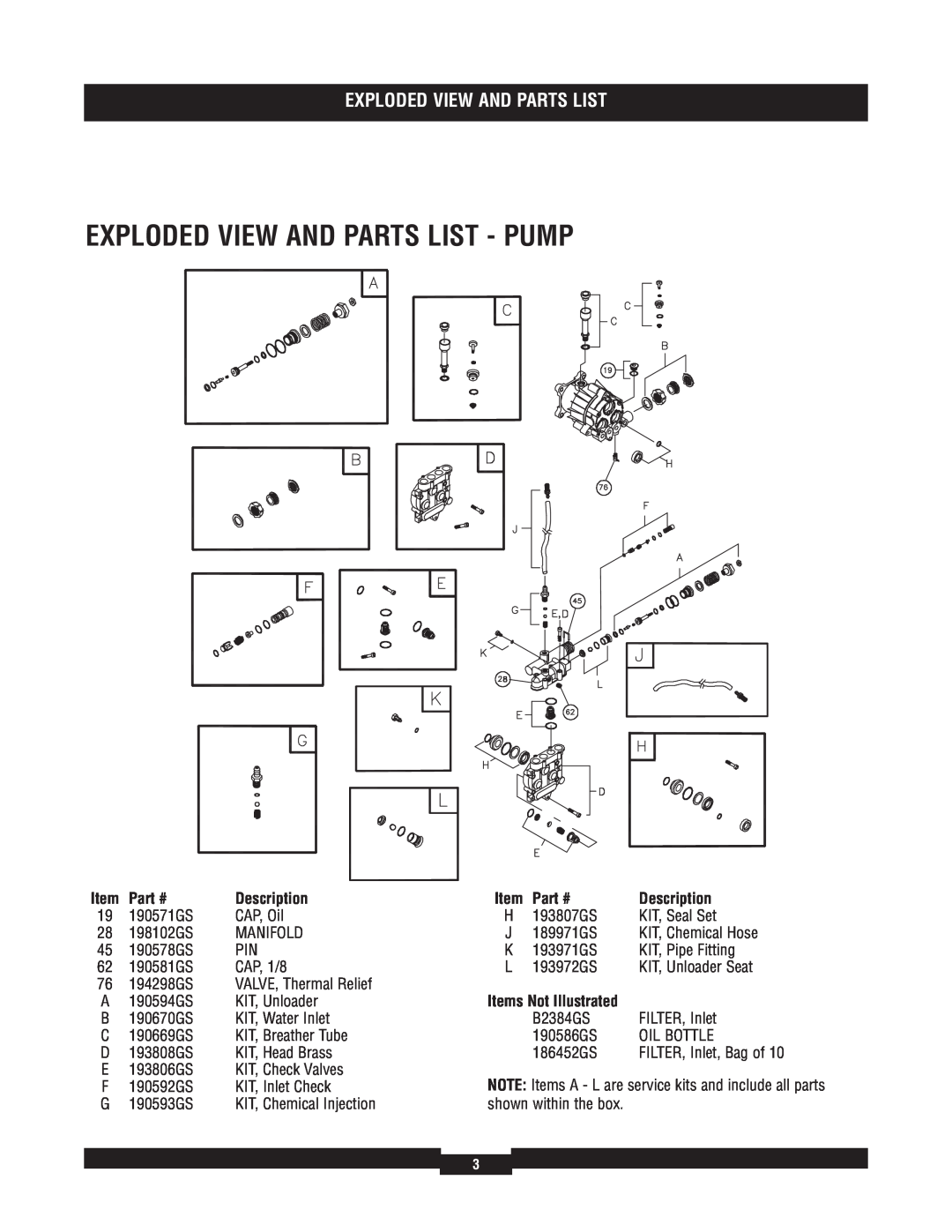 Briggs & Stratton 020224-1 manual Exploded View And Parts List - Pump, Items Not Illustrated, Part #, Description 