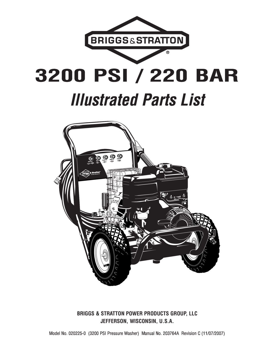 Briggs & Stratton 020225-0 manual PSI / 220 BAR, Illustrated Parts List, Briggs & Stratton Power Products Group, Llc 