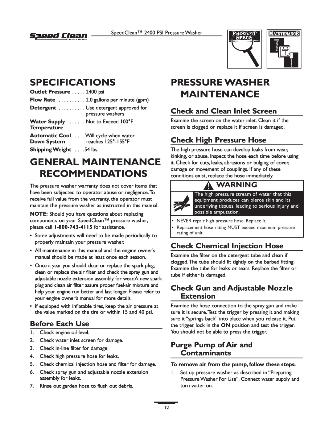 Briggs & Stratton 020227-0 Specifications, General Maintenance Recommendations, Pressure Washer Maintenance, Temperature 