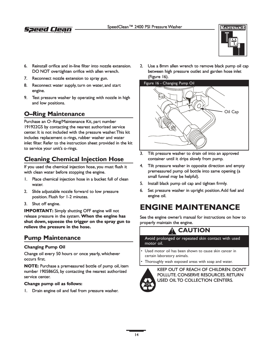 Briggs & Stratton 020227-0 Engine Maintenance, O-Ring Maintenance, Cleaning Chemical Injection Hose, Pump Maintenance 