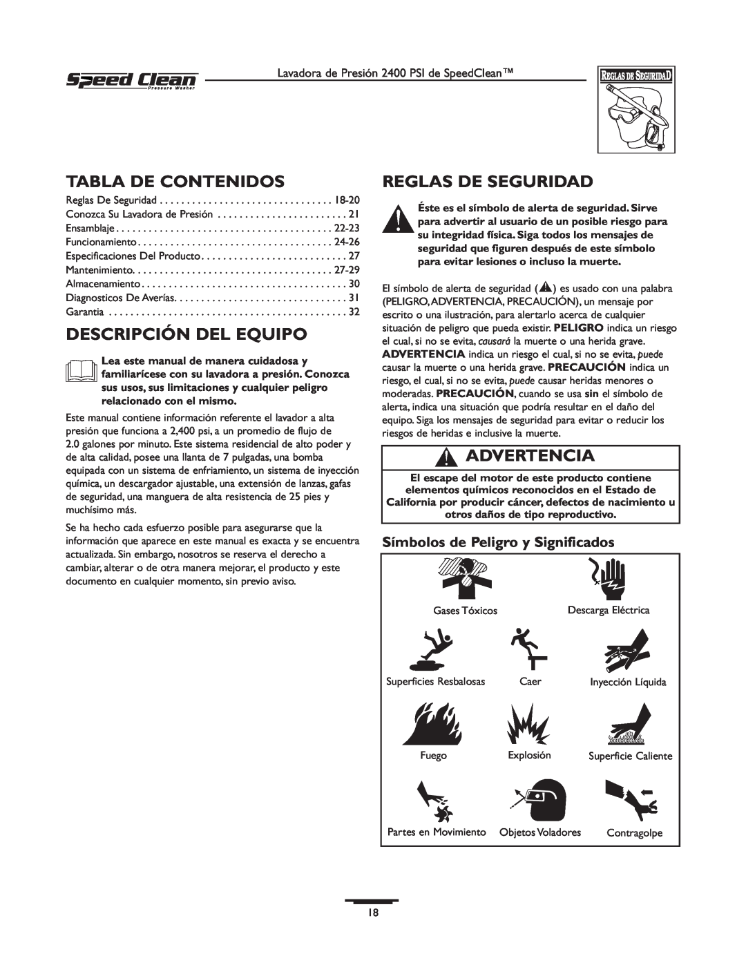 Briggs & Stratton 020227-0 owner manual Tabla De Contenidos, Descripción Del Equipo, Reglas De Seguridad, Advertencia 