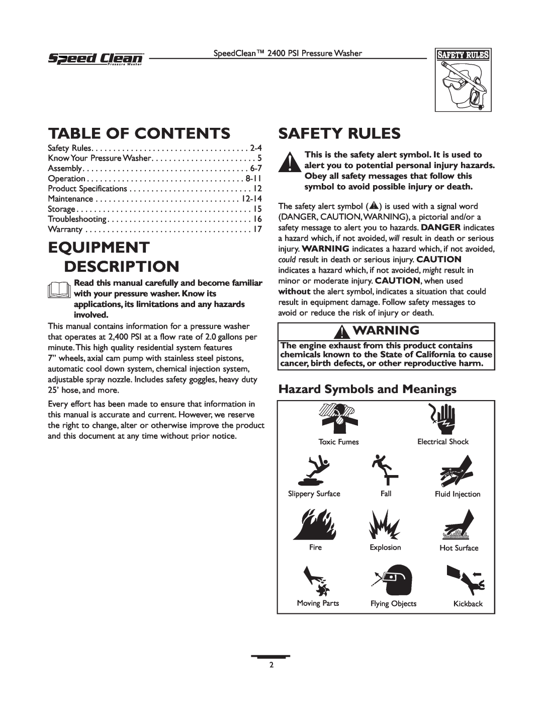 Briggs & Stratton 020227-0 owner manual Table Of Contents, Equipment Description, Safety Rules, Hazard Symbols and Meanings 