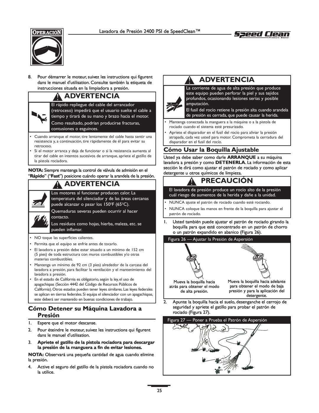 Briggs & Stratton 020227-0 Cómo Detener su Máquina Lavadora a Presión, Cómo Usar la Boquilla Ajustable, Advertencia 