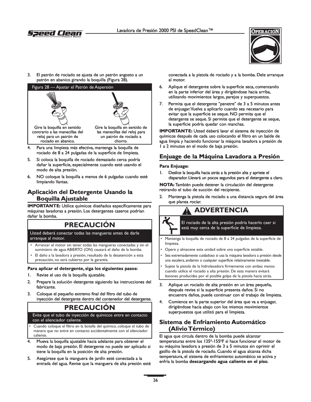 Briggs & Stratton 020227-0 Aplicación del Detergente Usando la Boquilla Ajustable, Precaución, Advertencia, Para Enjuage 