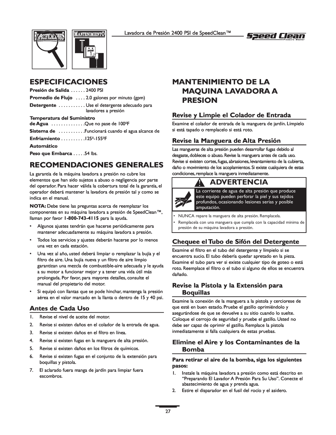 Briggs & Stratton 020227-0 Especificaciones, Recomendaciones Generales, Mantenimiento De La Maquina Lavadora A Presion 